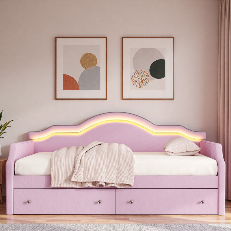 Upholstered Daybed With Led And 2 Drawers, Full, Pink