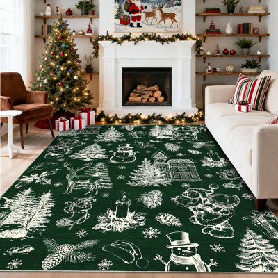 9x12ft Washable Christmas Stain-Resistant Foldable Low Pile Floor Mats Xmas Printed Carpets Soft Non Shedding Rugs