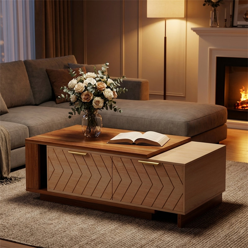 Expandable Storage Coffee Table, Drop-Leaf Design with Drawers & Open Shelf, NaturalA