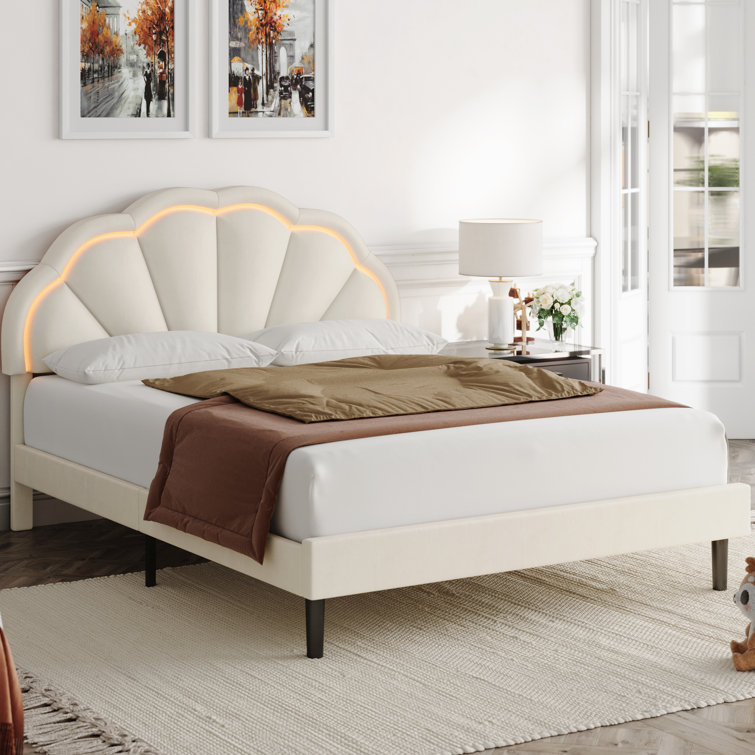 Aisaiah Velvet Upholstere LED Platform Bed With Adjustable Headboard, Wood Beds Frame With Adjustable Headboard