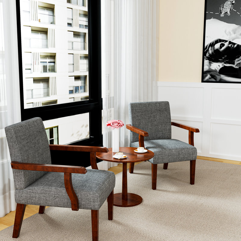 Fauteuil d'appoint en tissu gris (2 chaises + 1 table), structure en bois franc, pour chambre à coucher, espace de bureau gracieux de 2 et bureau