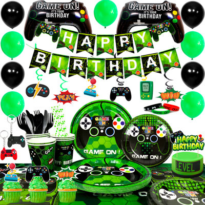 194pcs Video Game Party Decorations&Tableware Set - Gaming Decorations Plates Cups Tablecloth Balloons Banner Cake Topper etc Game On Birthday Party Supplies