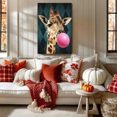 1 piece framed Bernhild painting of a giraffe blowing bubblegum in a surrealistic illustration style. Decorative printed vintage wall poster for home decor, modern artwork perfect for bedroom or living room