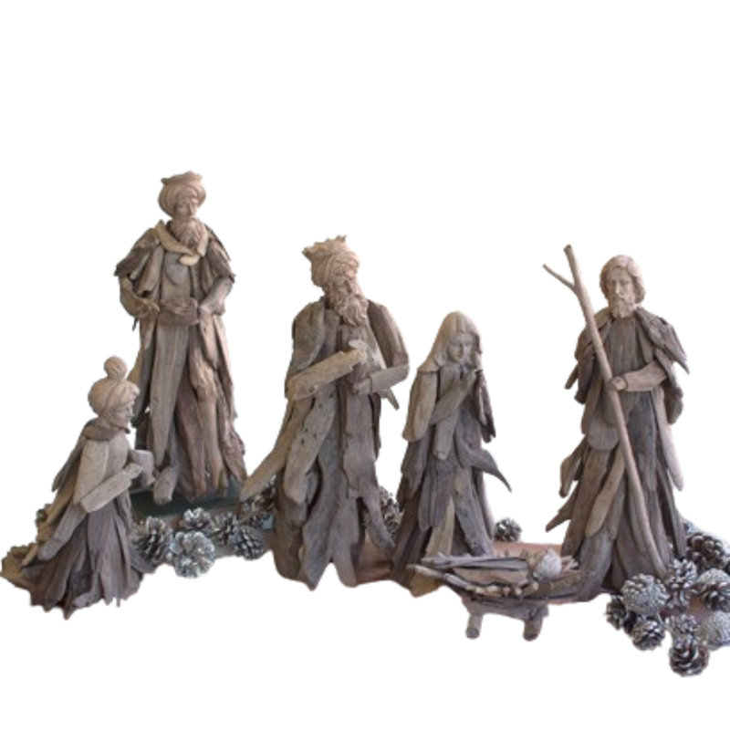  Ensemble de crèche de Noël en bois flottant H 18,5 po, exposition d'art populaire brun naturel, ensemble de six