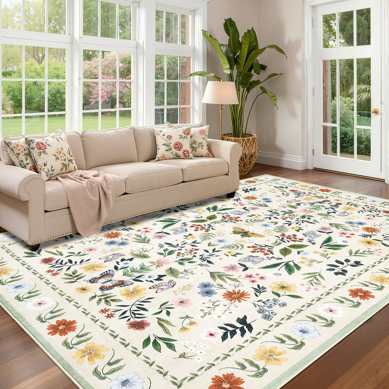 Washable Rugs for Living Room, Floral Animal Print Area Rug with Non Slip Backing, Low Pile & Stain Resistant Botanical Soft Accent Carpet for Dining Room, Under Table, Bedroom, Nursery