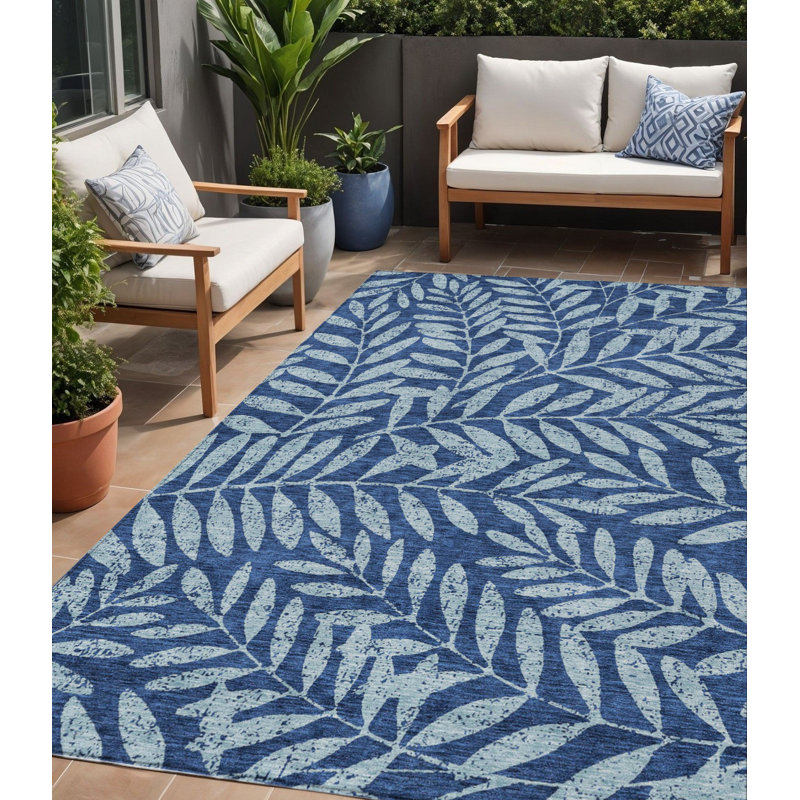Tapis extérieur lavable floral bleu marine et bleu clair 5 pi x 8 pi