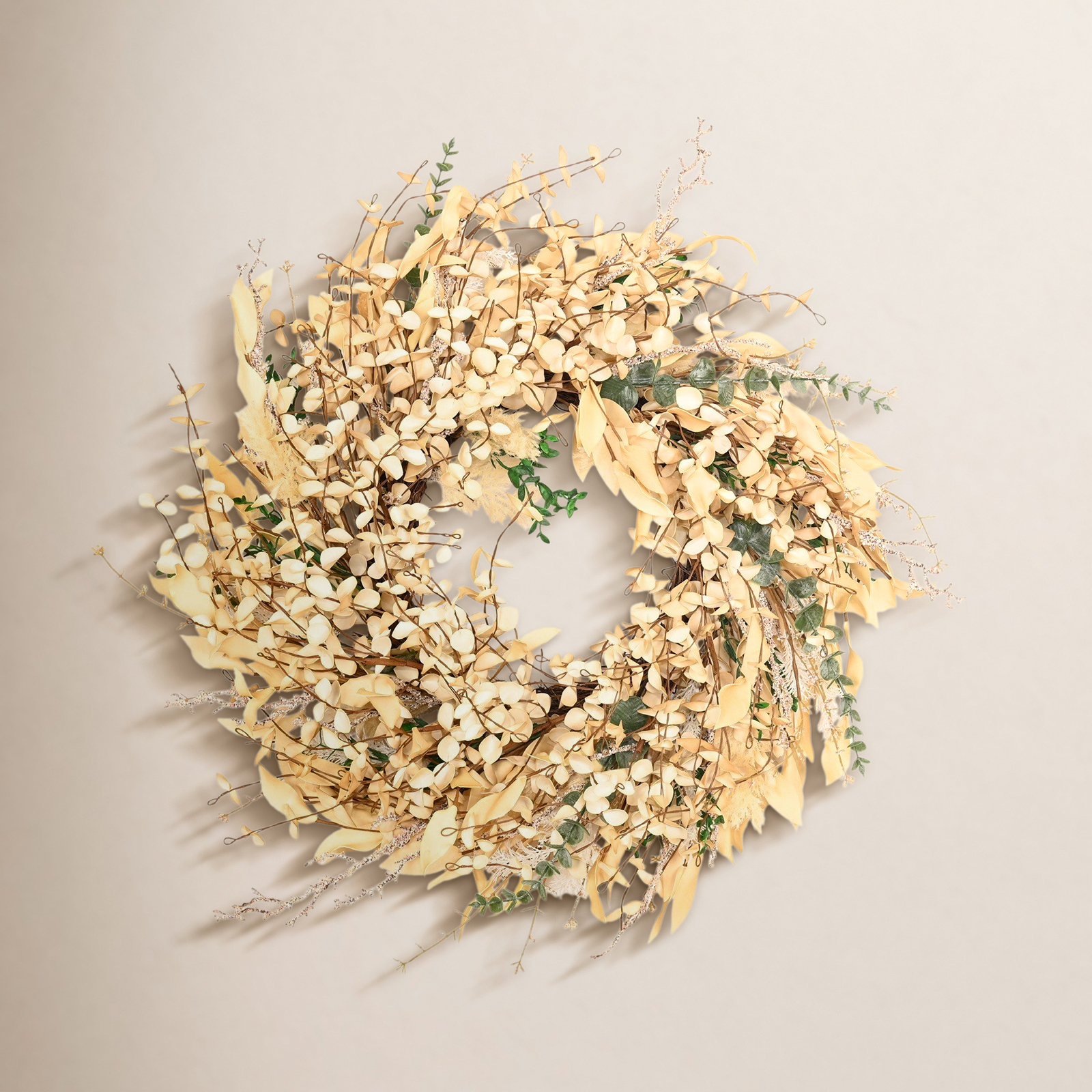 24" Artificial Farmhouse Fall Autumn Mini Eucalyptus Berry Front Door Wreath For Thanksgiving Day Harvest Decor, Beige