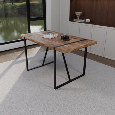 Table de salle à manger de style rustique industriel en bois foncé de 55 po, rectangulaire pour 4 à 6 personnes, pieds en métal noir, table moderne pour 4 à 6 personnes, maison et cuisine 55 po