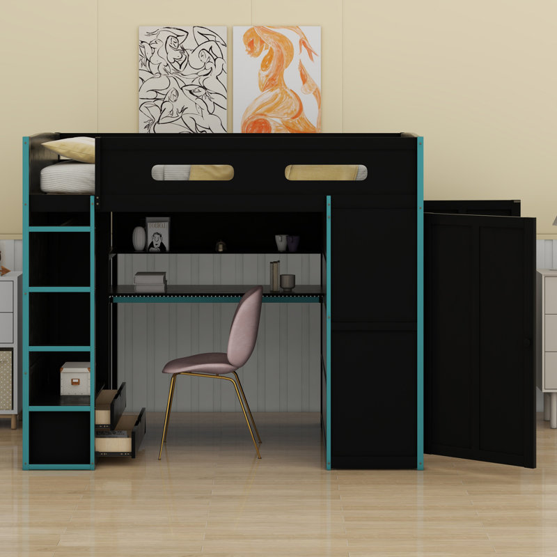 Wood Loft Bed With Desk,Wardrobe,Ample Storage Space,And RGB LED Light, Cloud Blue