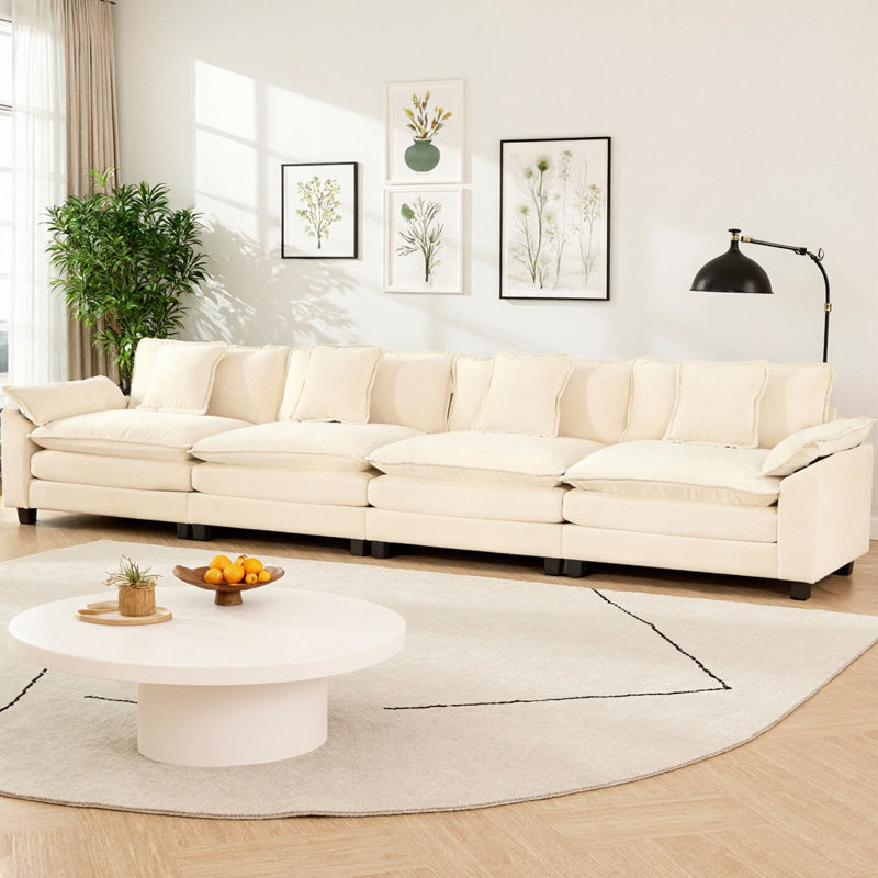 Wider Armrest 4-Seater Sofa with Pillow Top Arms, Modern Cloud Couch with Double Layer Upholstered Cushion & Breathable Chenille Fabric for Living Room, Bedroom