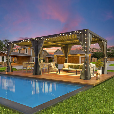  Erommy Outdoor Pergola, Louvered Pergola with Curtains, Aluminum Gazebo for Patio, Backyard, Pool party
