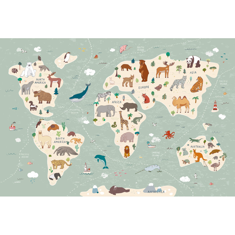 Papier peint imprimé de carte du monde pour enfants, L 114 po x l 172 po