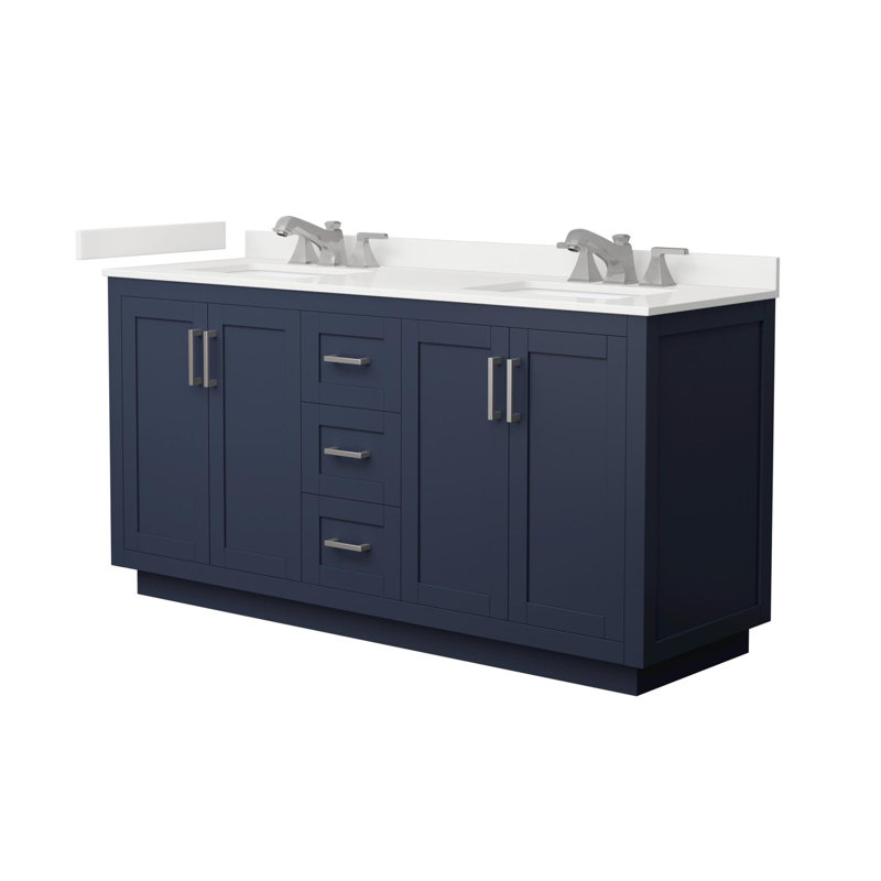 Miranda 66" Freestanding Double Bathroom Vanity with Quartz Top, Dark Blue, White Quartz, Brushed Nickel