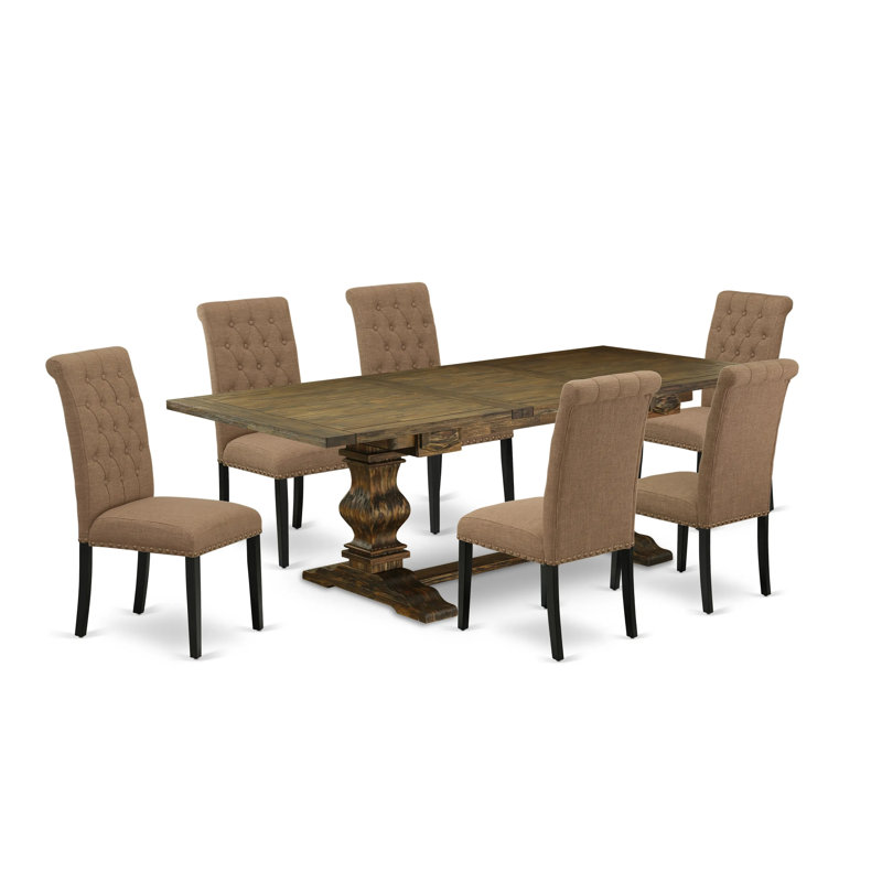 Ensemble de table de salle à manger 7 pièces composé d'une table rectangulaire amovible et de 6 chaises rembourrées en tissu de sable sable, jacobean