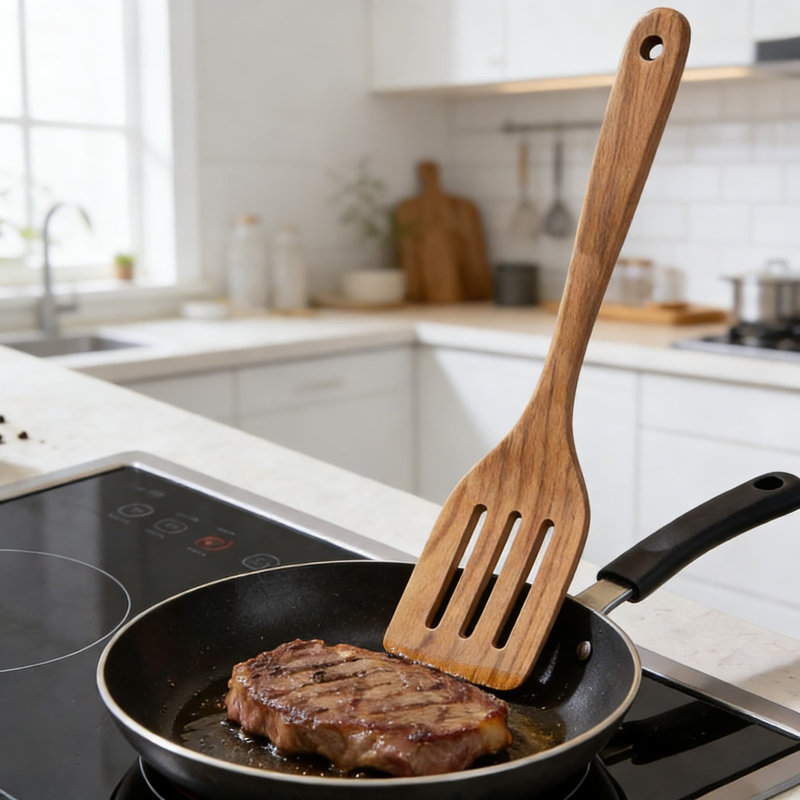 Ensemble d'ustensiles en bois de teck 9 pièces avec support - Cuillères de cuisine, spatules, tournesol, grattoir et cuillère à spaghetti pour batterie de cuisine antiadhésive