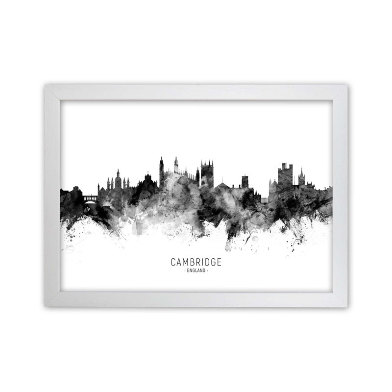Cambridge England Skyline Black White City Name by Michael Tompsett - Print, White Framed, 34cm H x 46cm W x 3cm D