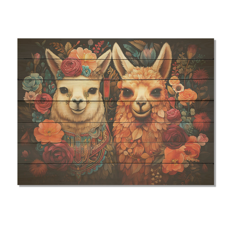Portrait floral d'alpagas orange moelleux - Alpaga sur bois, H 10 po x l 20 po
