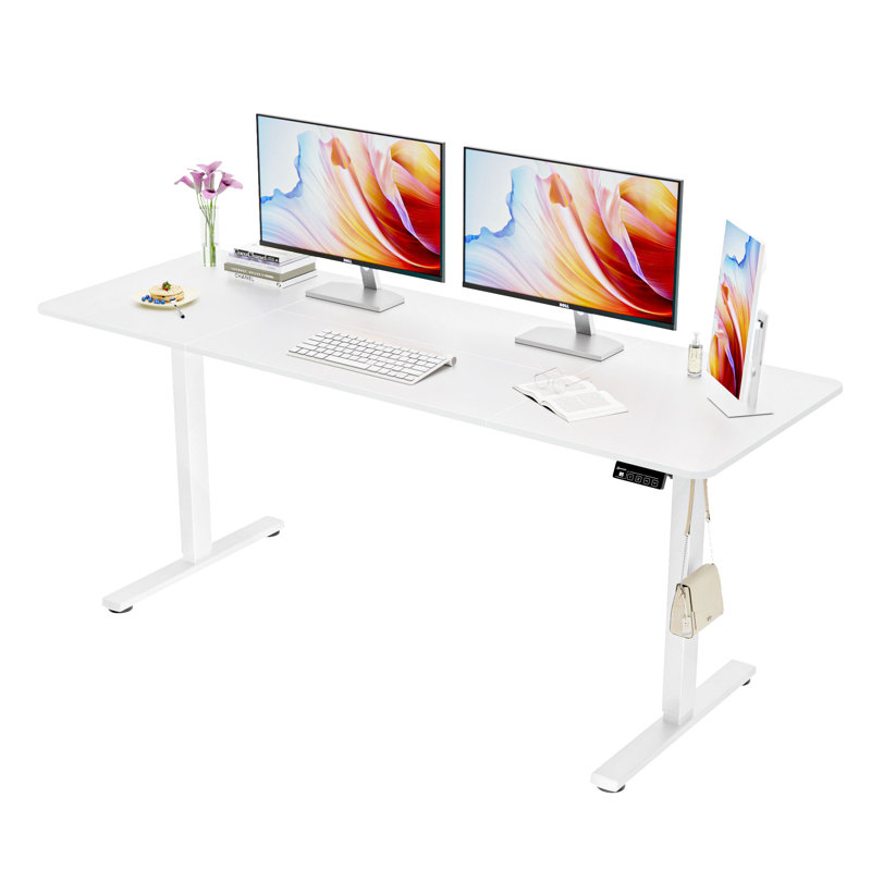 ERGOMAKER Electric Standing Desk，Height Adjustable Desk，63 x 23.6 Inches，with Splice Board，Child Lock & Memory Function,White