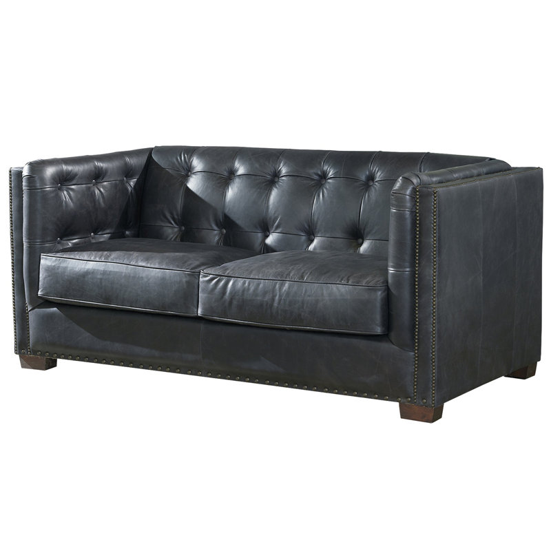 Bellefont 69'' Genuine Leather Tuxedo Arm Loveseat, Slate Genuine Leather
