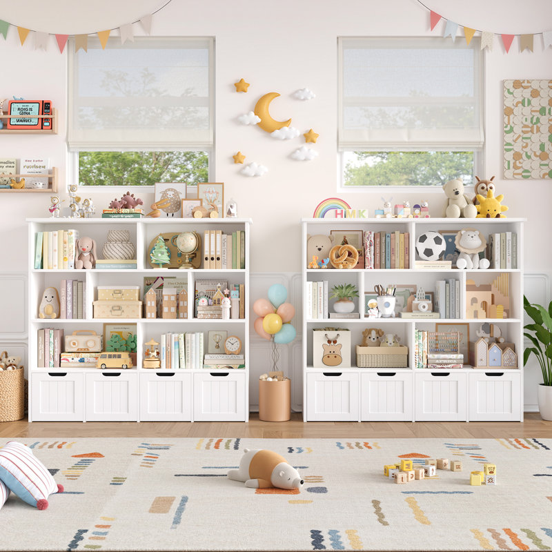 Kirklyn 49.4″ 7-Cube Standard Bookcase with 4 Drawers, Wood Storage Bookshelf in Mid-Century Modern, White, White