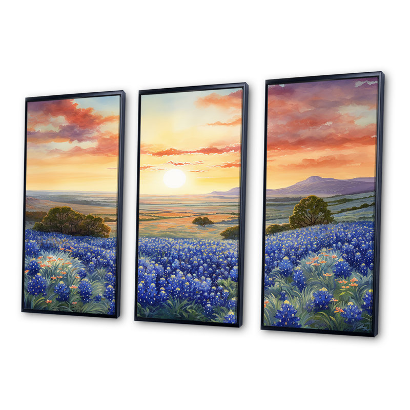 Blue Bonnets Sunset II - ensemble de décorations murales Blue Bonnets, H 28 po x l 36 po x P 1 po, Cadre flottant noir