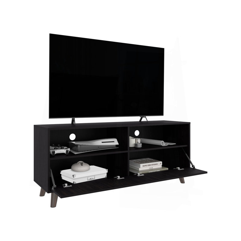 Meuble télé Patrick avec 2 portes et tablettes de rangement ouvertes, centre de divertissement moderne, noir, Noir