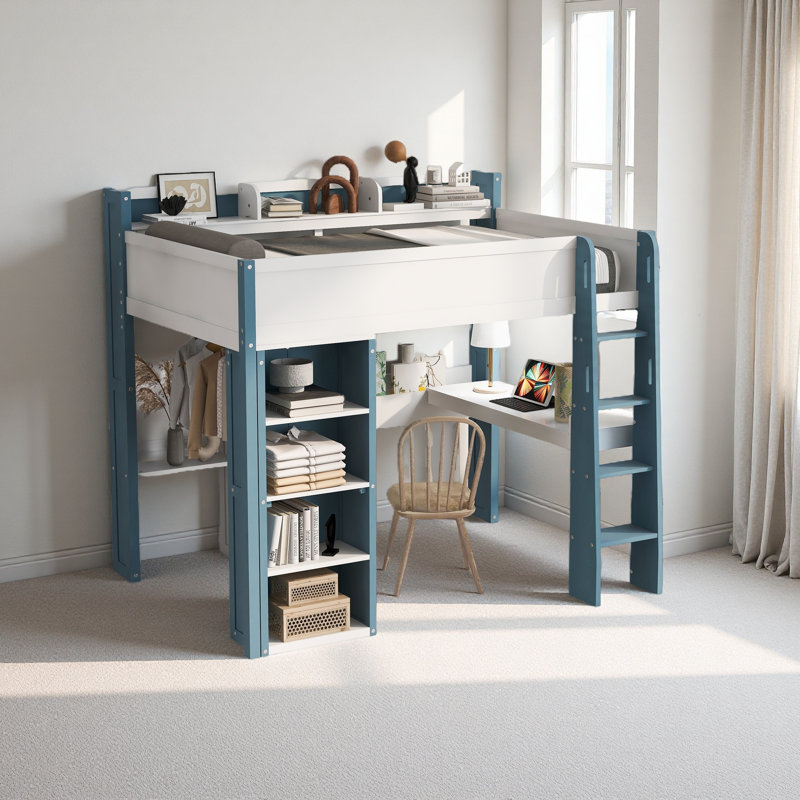 Lit mezzanine double en bois avec tablettes de rangement intégrées, portemanteaux et bureau, Bleu