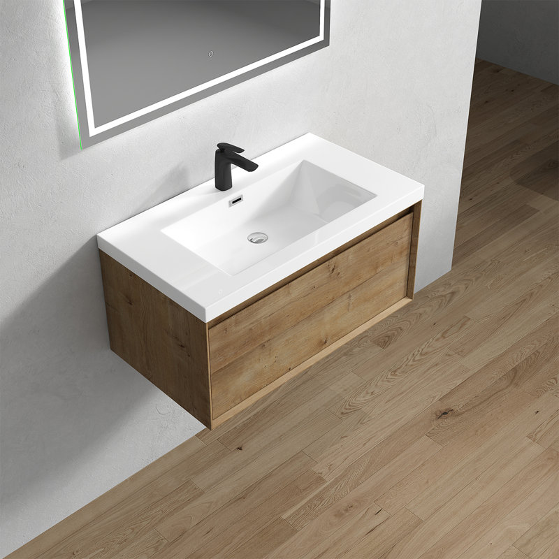 Meuble-lavabo mural simple l 35,4 po x P 19,6 po x H 17,7 po Crina, Chêne