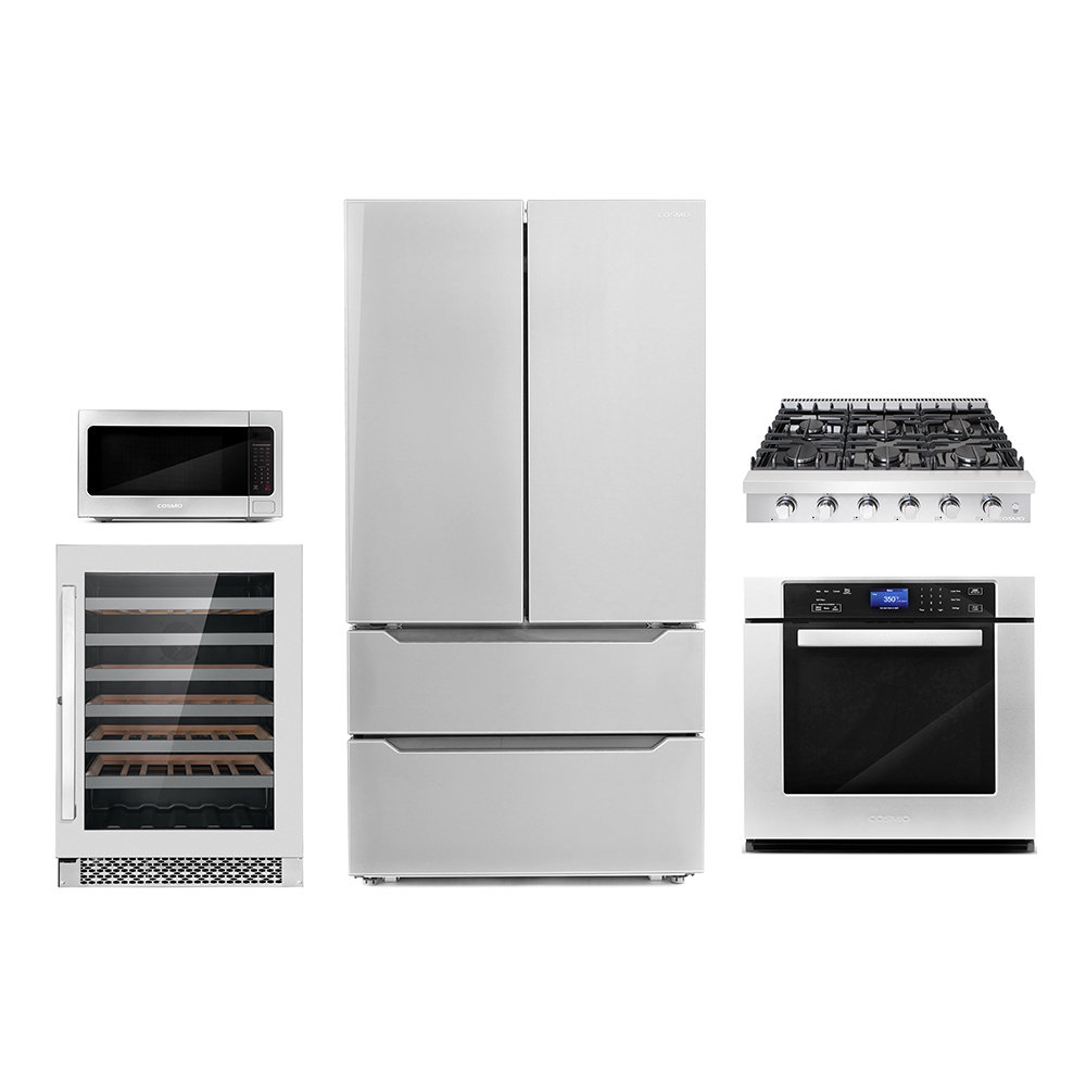 Cosmo 5 Piece Kitchen Appliance Package with French Door Refrigerator , 35.88'' Gas Cooktop , Wall Oven , Built-In Microwave , and Wine Refrigerator Cosmo