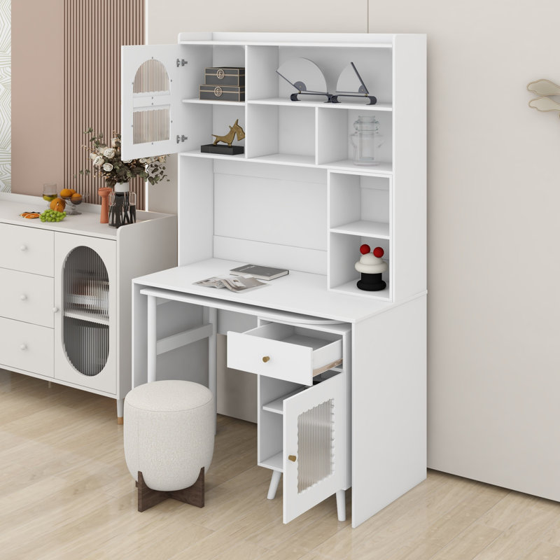 Bureau de jeu et d'écriture, bureau rotatif, tiroir de rangement, armoires et tablettes pour bureau personnel, Blanc