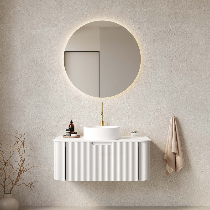 Meuble-lavabo de 36 po avec rebord flottant à bords courbés et armoire de rangement en contreplaqué rayé avec tiroir rond en céramique et plateau en pierre frittée de Carrare, pré-assemblé