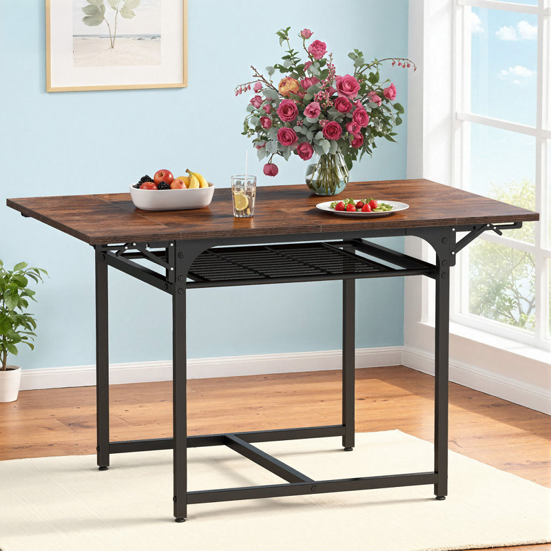 Extendable Unfinished Metal Base Dining Table, Brown, Black