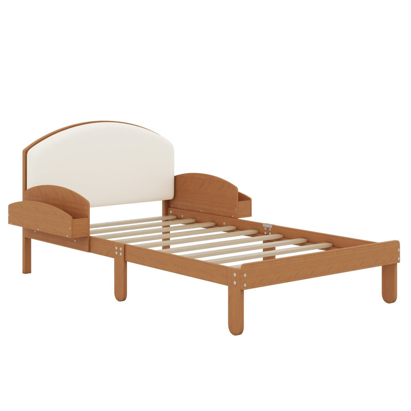Cadre de lit avec tête de lit rembourrée incurvée et étagères de rangement latérales pour les chambres modernes, Lit simple