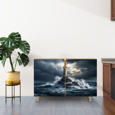 Buffet Buffet avec rangement Stormy Lighthouse Rocky Island Crashing Waves Dramatic Sky avec 2 portes pour le salon et la cuisine