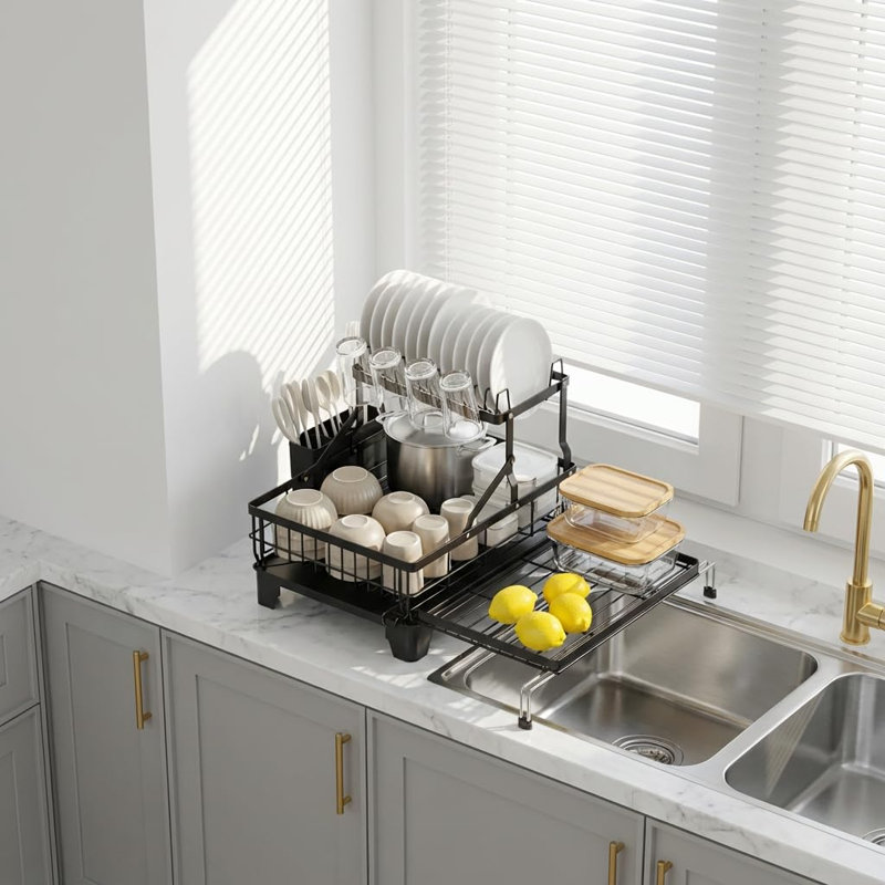 Large 2 Tier Dish Drying Rack, Expandable Over Sink & Counter Use, Extendable Drying Space, Auto-Drain Spout, Stable Screw-Fixed Frame, Cup & Utensil Holder, Rust-Resistant Kitchen Rack, (Black)