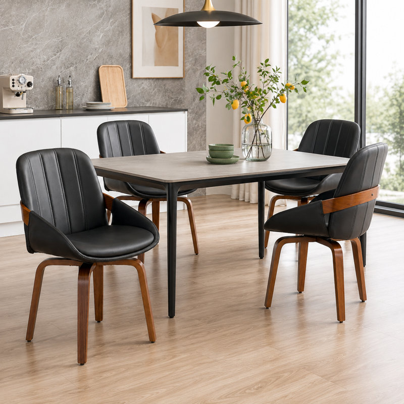 Modern Swivel Upholstered Faux Leather Solid Wood Dining Chairs, Black
