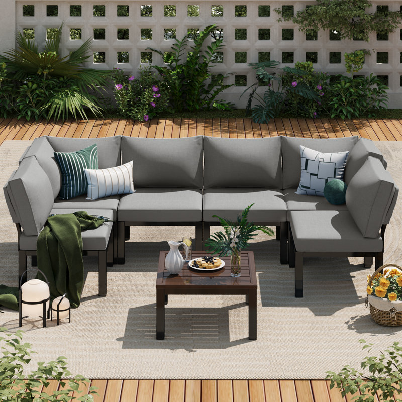 6 - Person Sectional Seating Group with Cushions, Grey