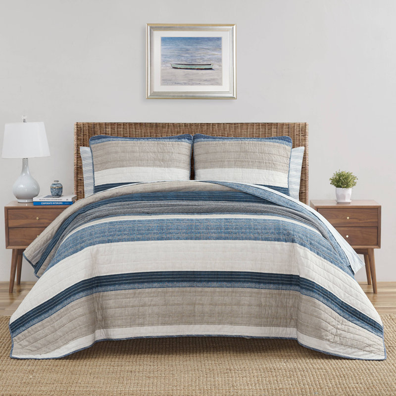 Nautica Ridgeport Cotton Reversible Quilt Set, Twin Quilt + 1 Standard Sham, Denim Blue Striped