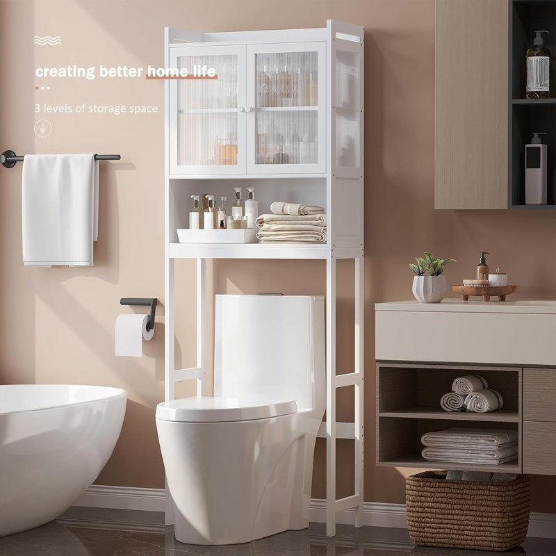 White Adjustable Over-the-Toilet Storage Rack with Acrylic Doors