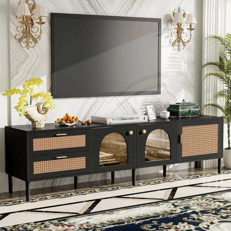 Rattan Tv Stand With 3 Cabinets & 2 Drawers, Rattan-Inspired Media Console Table For Tvs Up To 80'', Led Light Entertainment Center, Tv Cabinet For Living Room, Bedroom, Home Theatre