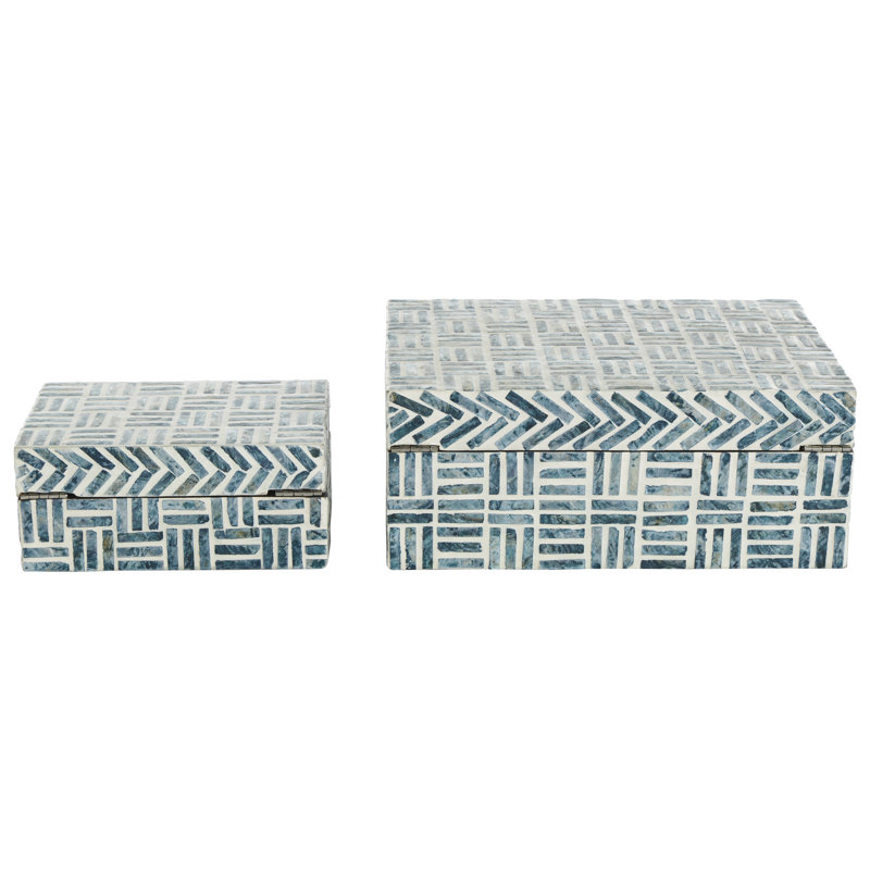 Ninon Blue Mother of Pearl Shell Geometric Handmade Mosaic Storage Decorative Box, Set of 2