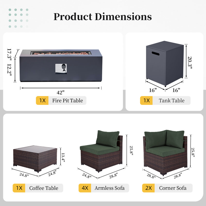 Ensemble de conversation 9 pièces pour terrasse en rotin avec foyer extérieur de 42 pouces et coussin de siège confortable