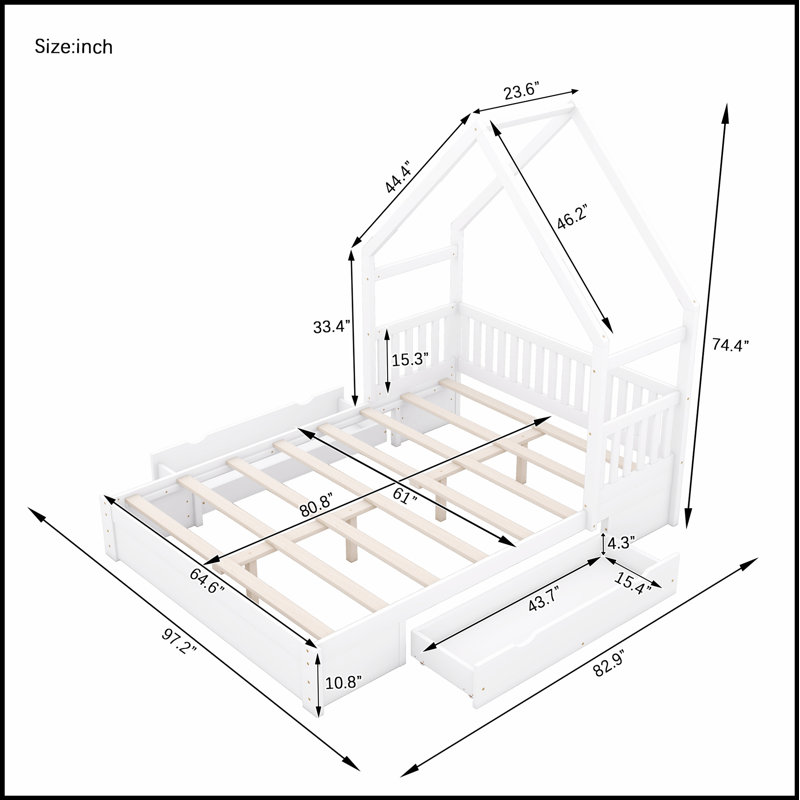 Lit plateforme Wood House avec garde-corps, 2 tiroirs spacieux et charme rustique pour un sommeil sécuritaire et élégant