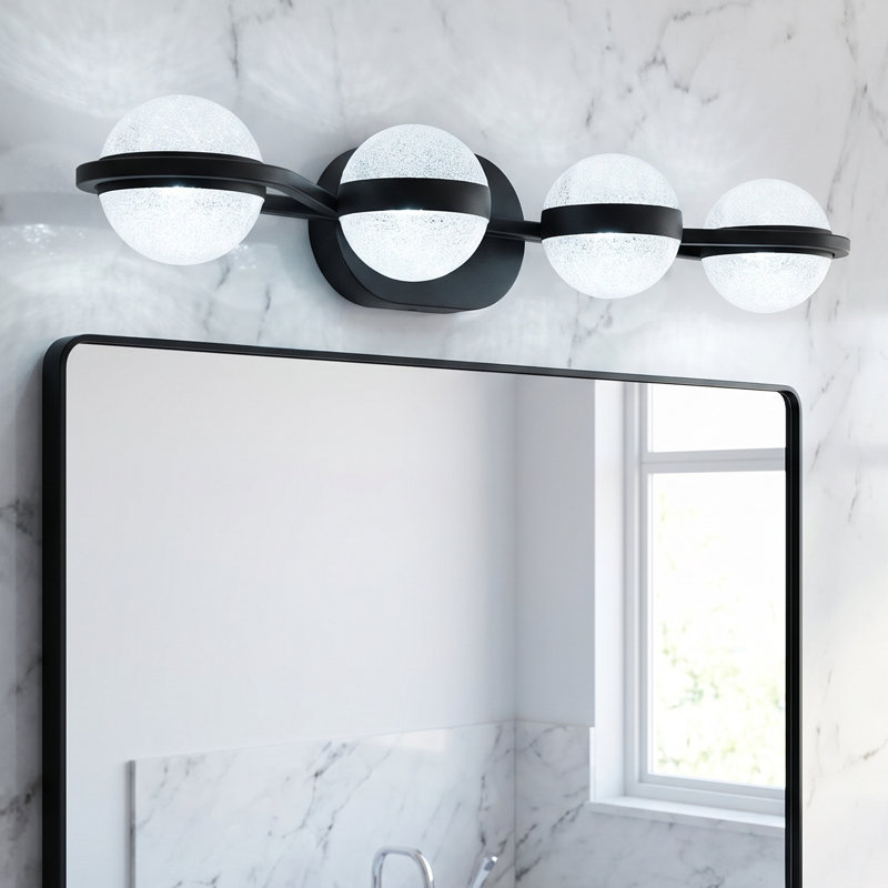 Applique murale DEL noire à 4 lumières de 29 po avec abat-jour en acrylique couleur sable cristallin, Noir mat