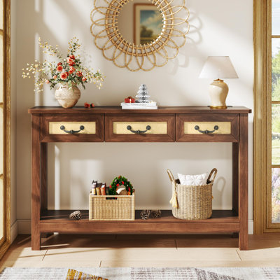 47.2" Console Table With 3 Rattan Drawers