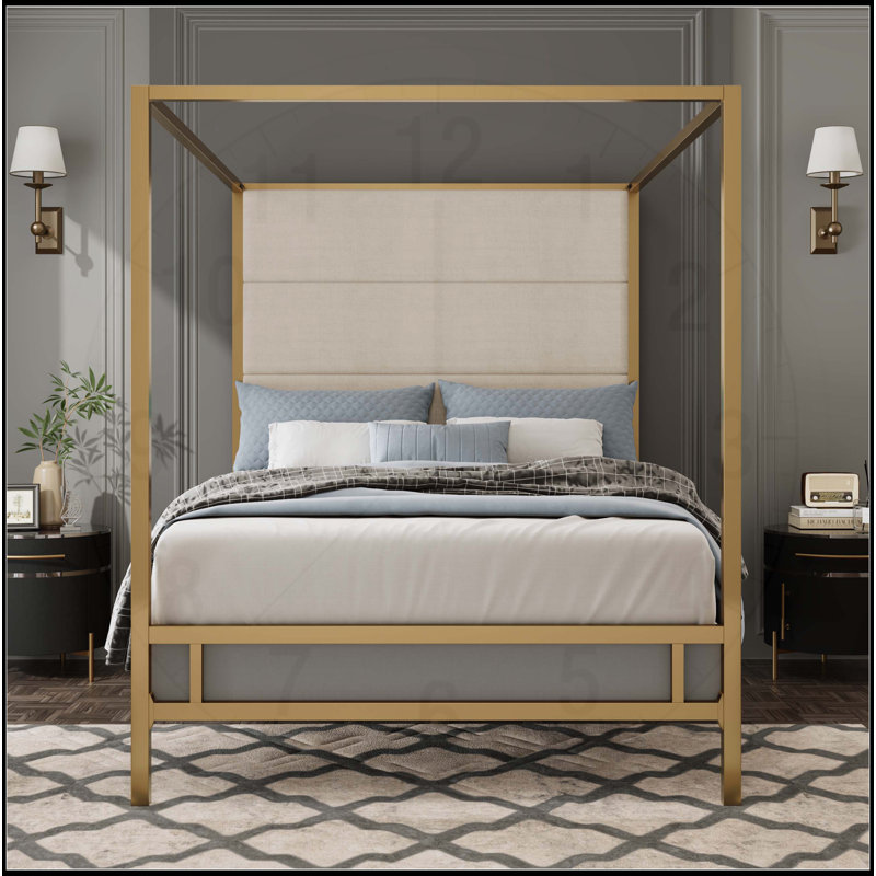 Luxurious Metal Canopy Bed with Upholstered Headboard for Dreamy Sleep, Gold/Tan, King