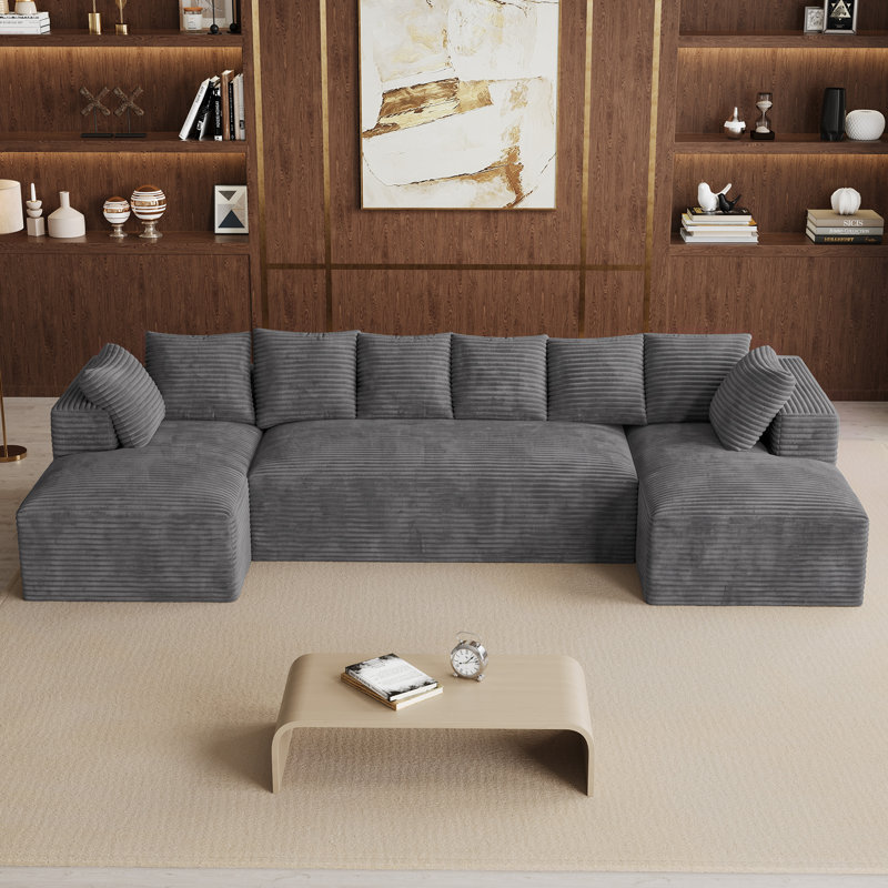 Canapé d'angle surdimensionné sans ossature et à compression de 131 pouces avec coussins, Velours côtelé gris foncé