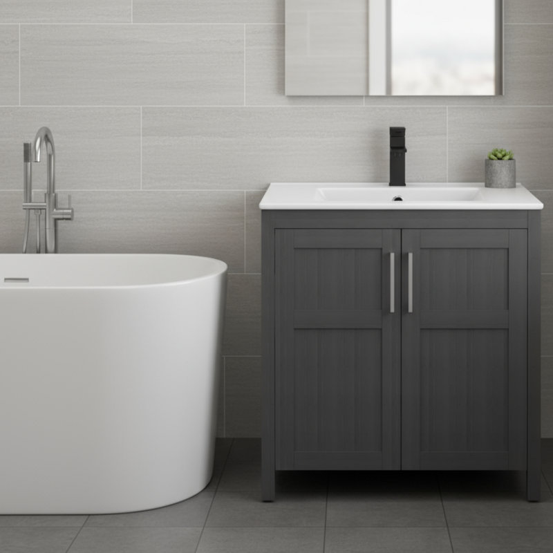 Ce meuble-lavabo autoportant noir comprend un lavabo et un lavabo en céramique avec deux portes à fermeture en douceur. C'est à la fois simple, sophistiqué, pratique et élégant.