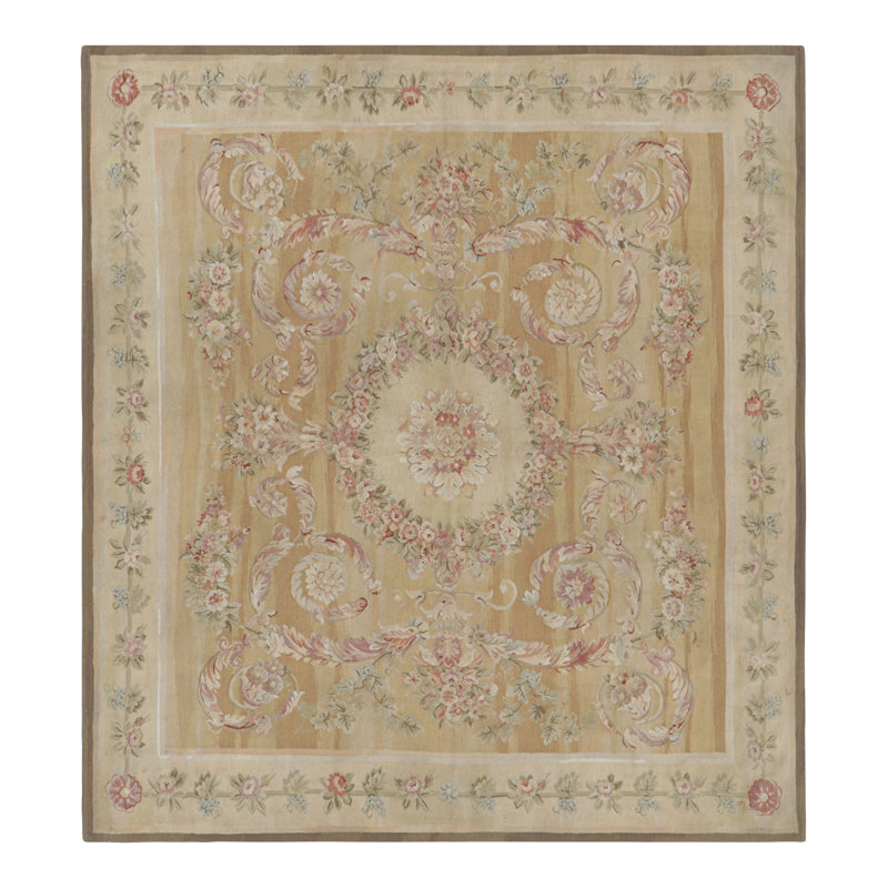 Rug & Kilim’S Aubusson Style Rug In Light Gold And Cream With Floral Medallion