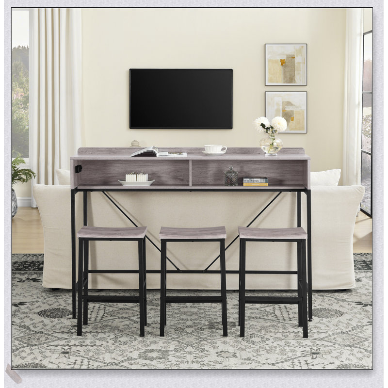 59 Inch Farmhouse Bar Table with Power Socket, LED Light, and 3 Saddle Stools for Living and Dining Rooms